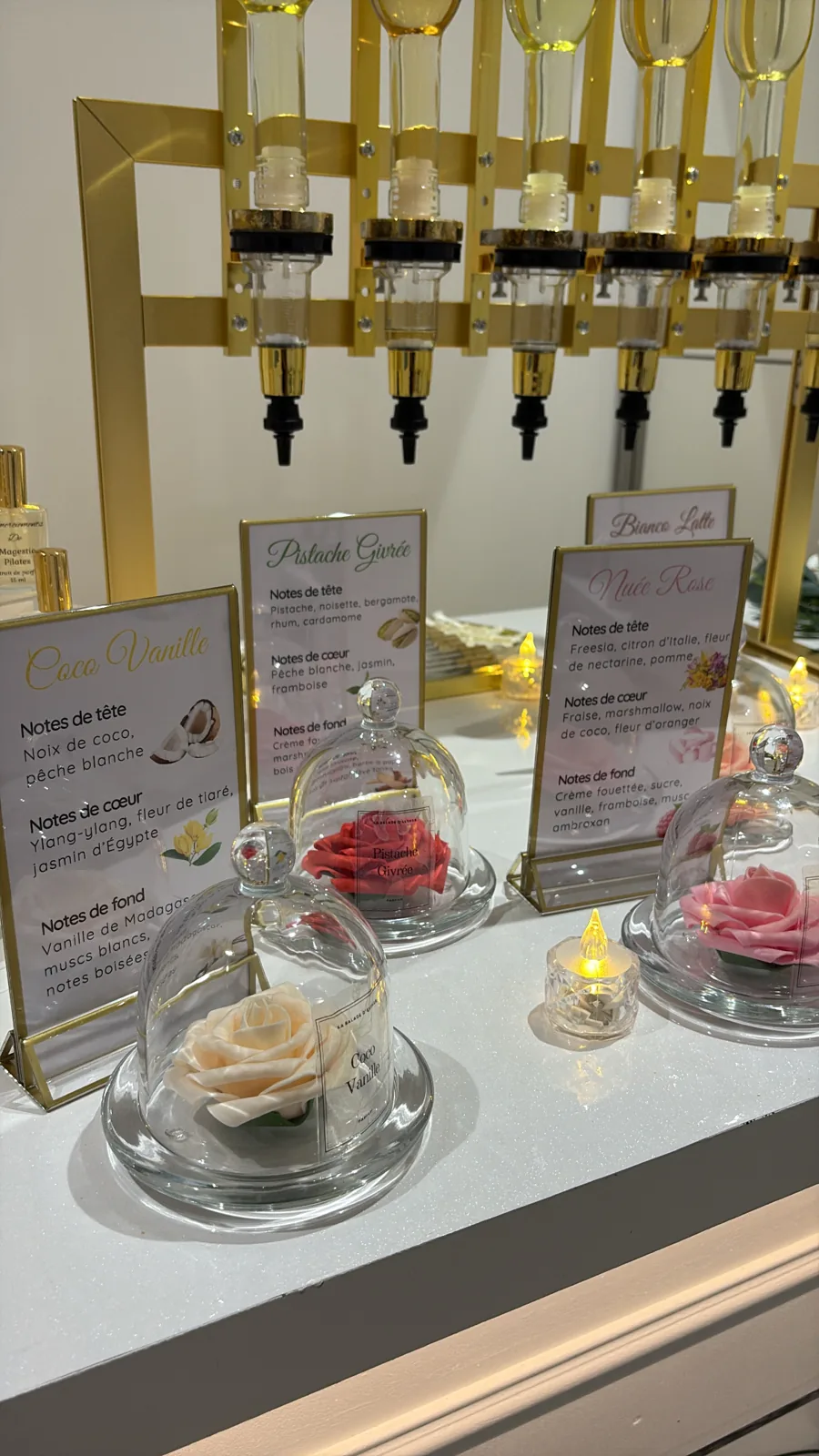 Cartes de fragrances Coco Vanille, Pistache Givrée et Nuée Rose avec leurs cloches fleuries